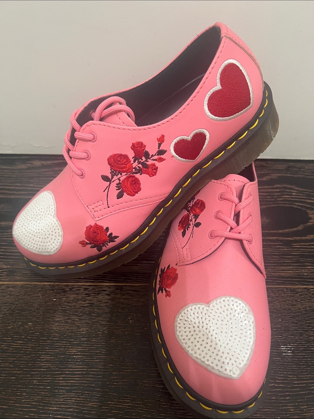 Women’s Dr. Martens Pink Lace-Up Shoes with Red Rose & Heart Embroidery